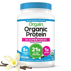 Orgain Organic Protein + Superfoods Powder, Vanilla Bean - 21g of Protein, Vegan, Plant Based, 5g of Fiber, No Dairy, Gluten, Soy or Added Sugar, Non-GMO, 2.02lb